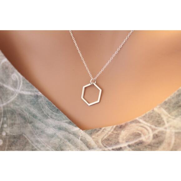 Sterling Silver Large Hexagon Pendant Necklace, Hexagon Honeycomb Necklace - Picture 1 of 3